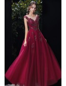 Sequined Appliques Long Tulle Aline Prom Dress with Cap Sleeves