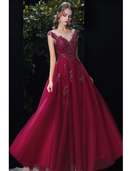 Sequined Appliques Long Tulle Aline Prom Dress with Cap Sleeves ...