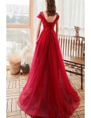 Elegant Flowy Long Tulle Burgundy Long Prom Dress with Appliques