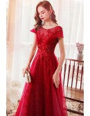 Elegant Flowy Long Tulle Burgundy Long Prom Dress with Appliques