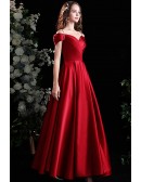 Burgundy Pleated Satin Evening Prom Dress with Beaded Straps