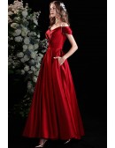 Burgundy Pleated Satin Evening Prom Dress with Beaded Straps