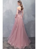 Gorgeous Long Tulle Pink Long Sleeved Prom Dress with Appliques