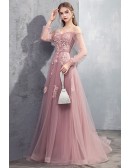 Gorgeous Long Tulle Pink Long Sleeved Prom Dress with Appliques