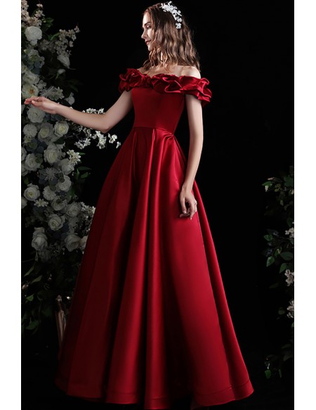 Elegant Aline Long Satin Burgundy Prom Dress Evening Off Shoulder
