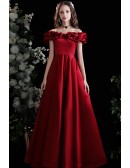 Elegant Aline Long Satin Burgundy Prom Dress Evening Off Shoulder