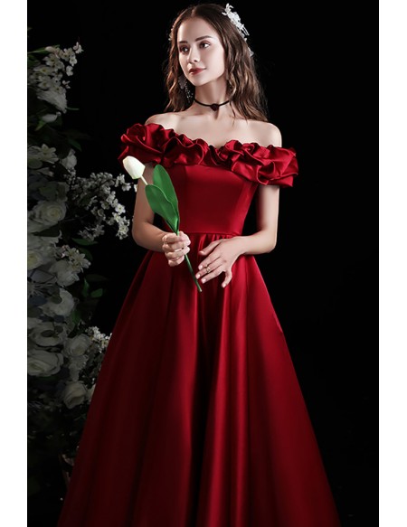 Elegant Aline Long Satin Burgundy Prom Dress Evening Off Shoulder ...