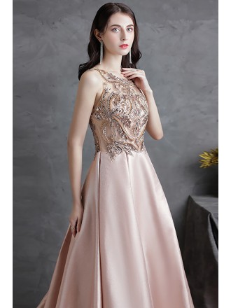 Unique Sequined Embroidered Empire Long Formal Prom Dress Sleeveless with Train