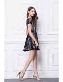 Chic Black Lace Mini Weeding Guest Dress With Cape Sleeves