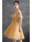 Beaded Cute Gold Tulle Hoco Short Party Prom Dress Off Shoulder