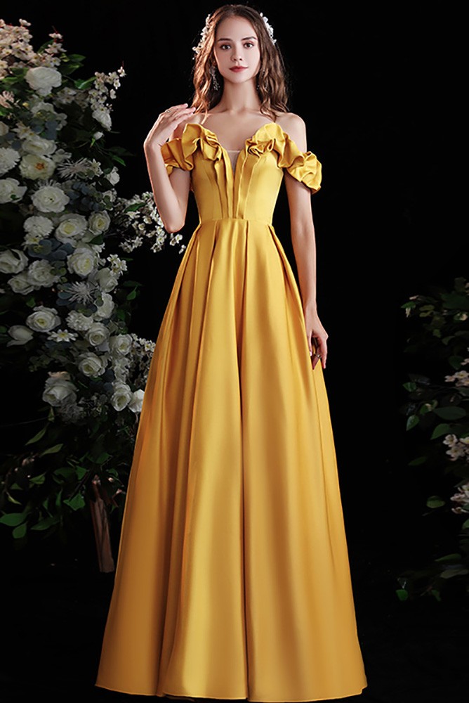 open lace back dress Long Mermaid Two Piece Prom Dresses Daffodil Yellow Off Shoulder Formal Dress APD3362 main image 1