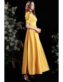 Elegant Yellow Vneck Long Satin Bridesmaid Party Dress with Bubble Sleeves