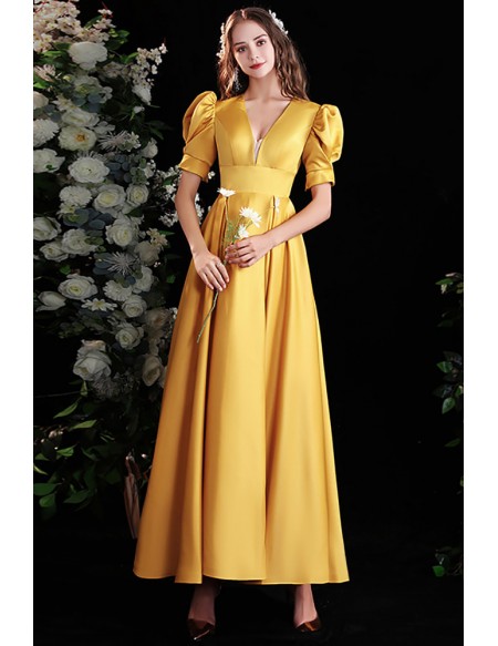 Elegant Yellow Vneck Long Satin Bridesmaid Party Dress with Bubble Sleeves