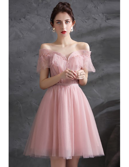Sequined Cute Pink Tulle Short Homecoming Prom Dress Off Shoulder
