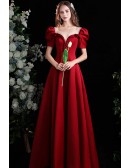 Modest Long Illusion Neckline Prom Dress For Formal with Bubble Sleeves