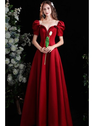 Modest Long Illusion Neckline Prom Dress For Formal with Bubble Sleeves