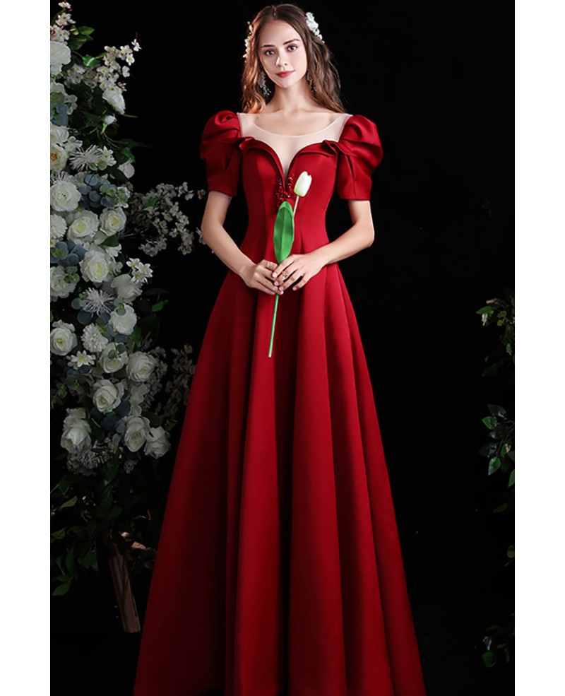 Modest Long Illusion Neckline Prom Dress For Formal with Bubble Sleeves ...