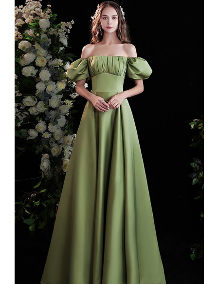 Green Satin Bubble Sleeves Long Bridesmaid Party Dress