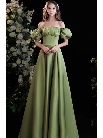 Green Satin Bubble Sleeves Long Bridesmaid Party Dress