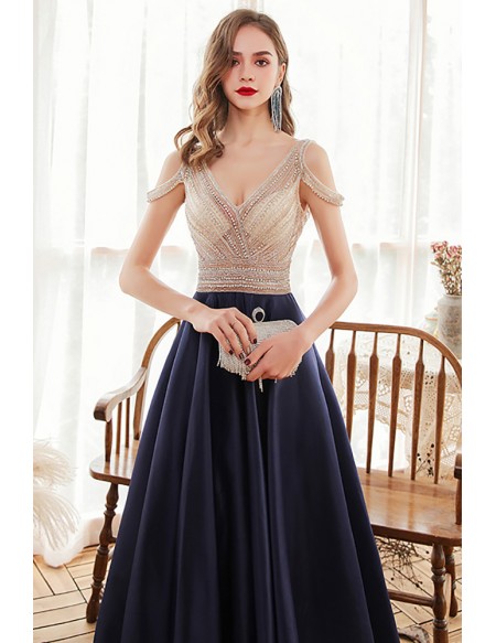 Aline Navy Blue Formal Long Prom Dress Vneck with Sequined Cold Shoulder