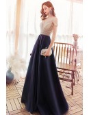 Aline Navy Blue Formal Long Prom Dress Vneck with Sequined Cold Shoulder