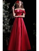 Simple Long Aline Burgundy Evening Party Dress with Off Shoulder