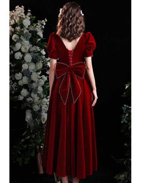 Retro Chic Pleated Velvet Tea Length Party Dress with Bubble Sleeves