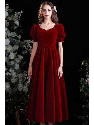 Retro Chic Pleated Velvet Tea Length Party Dress with Bubble Sleeves