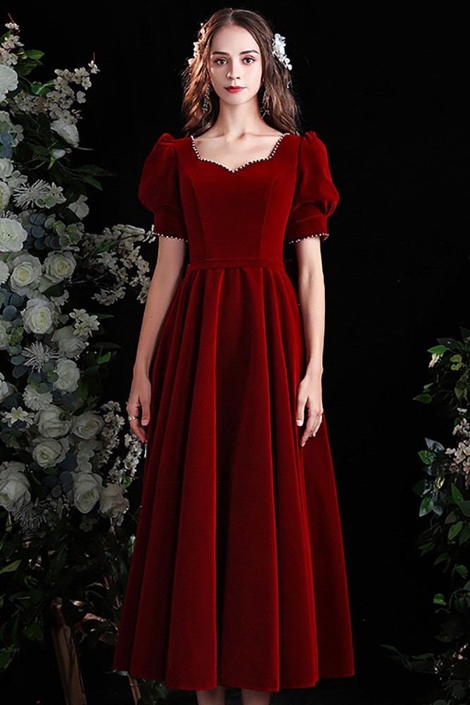 Retro Chic Pleated Velvet Tea Length Party Dress with Bubble Sleeves ...