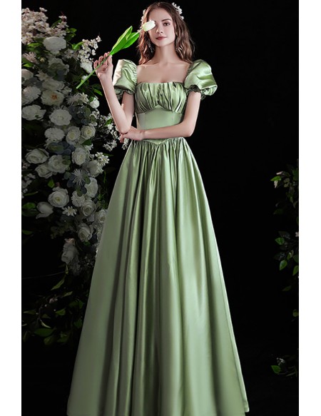 Cute Bubble Sleeves Square Neck Green Party Prom Dress For Formal