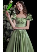 Cute Bubble Sleeves Square Neck Green Party Prom Dress For Formal