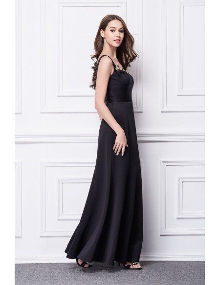 Modest A-Line Square Neckling Black Cotton Long Evening Dress
