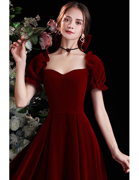 Retro Formal Long Velvet Burgundy Evening Party Dress with Square Neckline