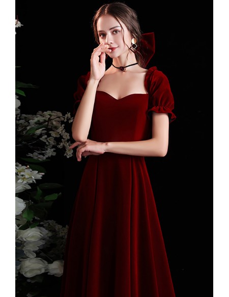 Retro Formal Long Velvet Burgundy Evening Party Dress with Square Neckline