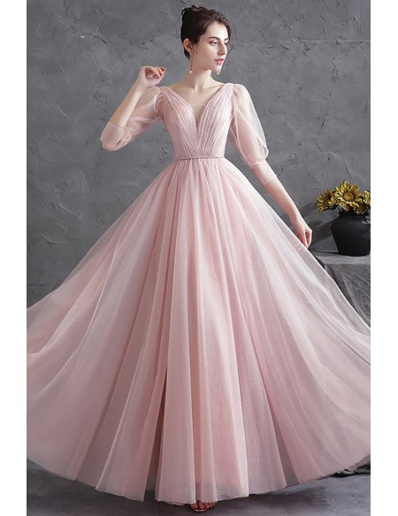 Elegant Pleated Pink Tulle Vneck Prom Dress with Sheer Half Sleeves