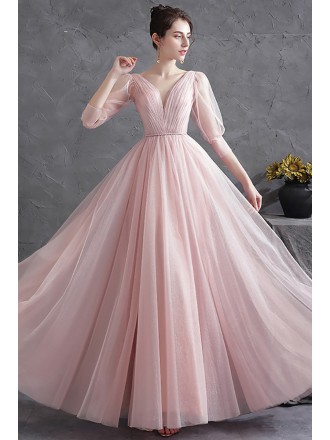 Elegant Pleated Pink Tulle Vneck Prom Dress with Sheer Half Sleeves