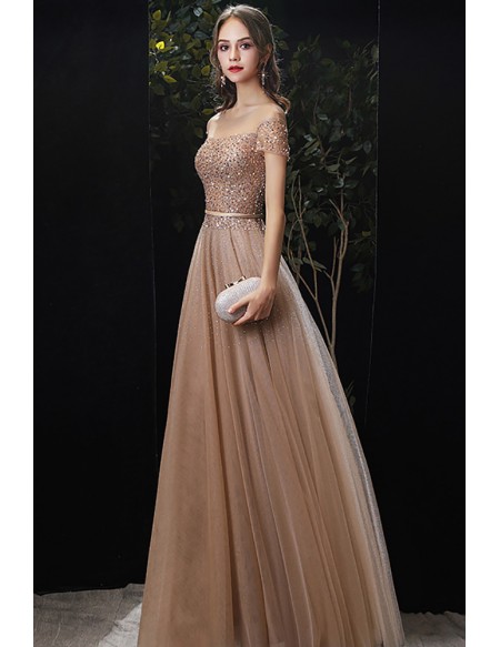 Gorgeous Brown Gold Bling Sequins Tulle Aline Prom Dress with Short Sleeves