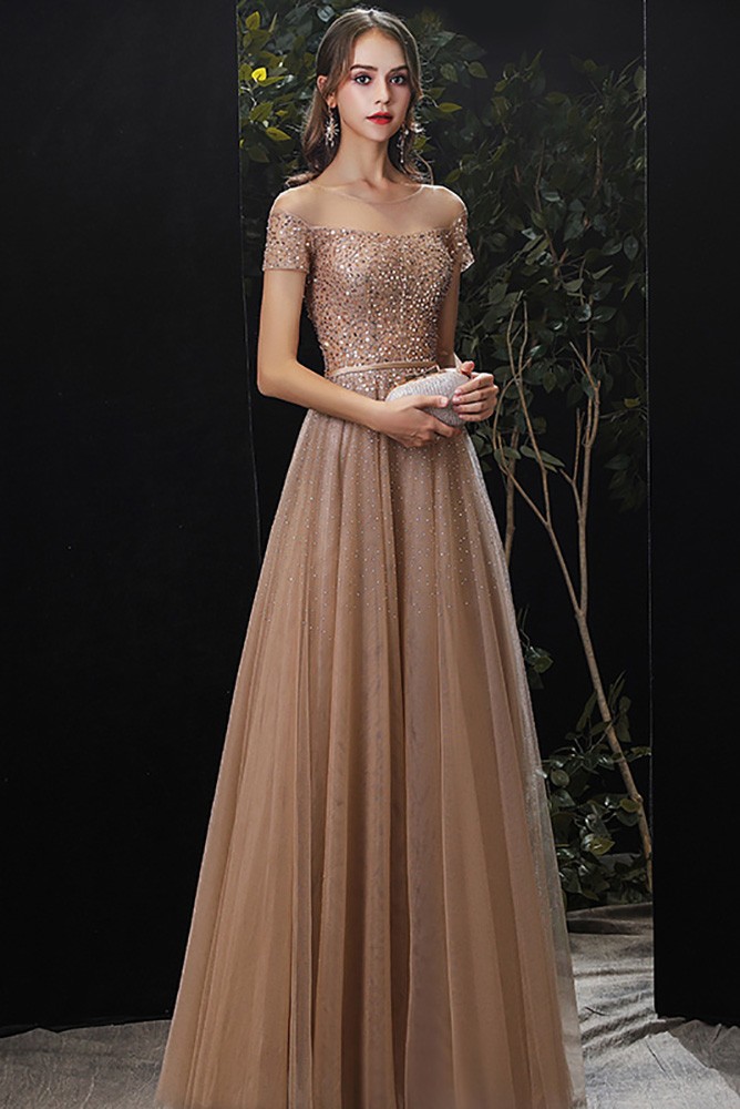 Gorgeous Brown Gold Bling Sequins Tulle Aline Prom Dress