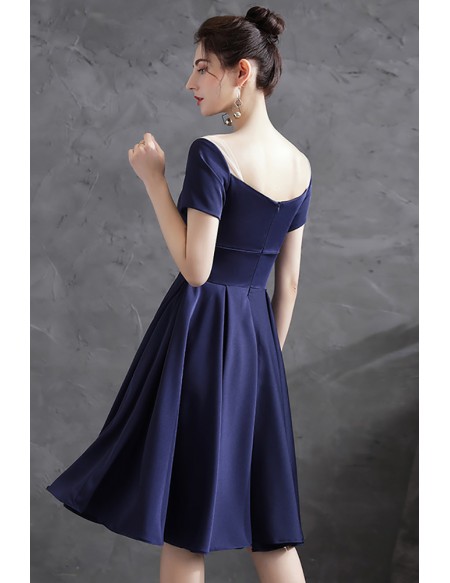 Navy Blue Simple Chic Satin Homecoming Dress with Short Sleeves