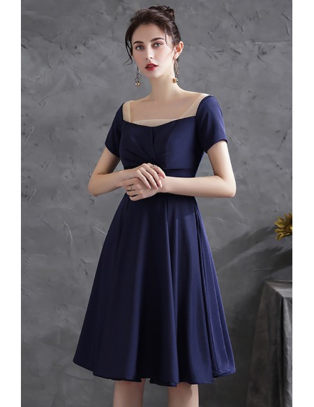 Navy Blue Simple Chic Satin Homecoming Dress with Short Sleeves