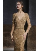 Luxury Gold Beaded Sequined Mermaid Prom Dress Vneck with Long Sleeves
