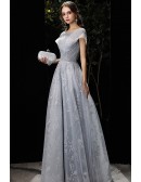 Beautiful Appliques Grey Long Aline Prom Dress with Modest Sheer Neckline