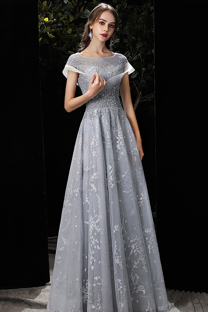 light gray prom dress Gray Tulle Long A-Line Prom Dress, Off the Shoulder Evening Party Dres