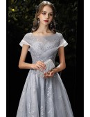 Beautiful Appliques Grey Long Aline Prom Dress with Modest Sheer Neckline