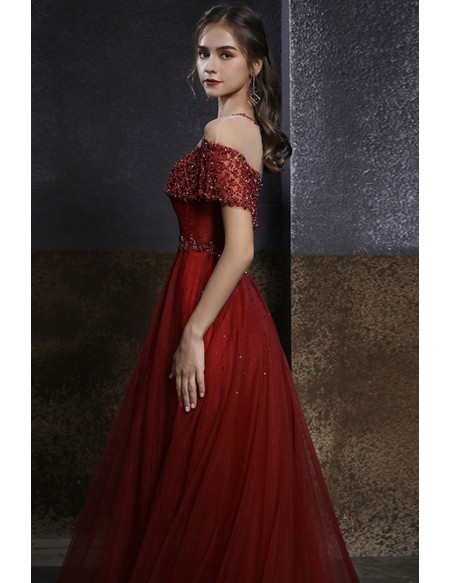 Elegant Burgundy Red Tulle Long Prom Dress Aline with Jeweled Sequins ...