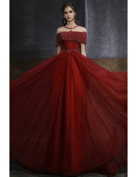 Elegant Burgundy Red Tulle Long Prom Dress Aline with Jeweled Sequins