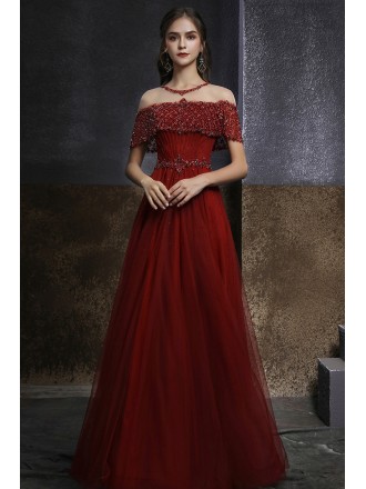 Elegant Burgundy Red Tulle Long Prom Dress Aline with Jeweled Sequins