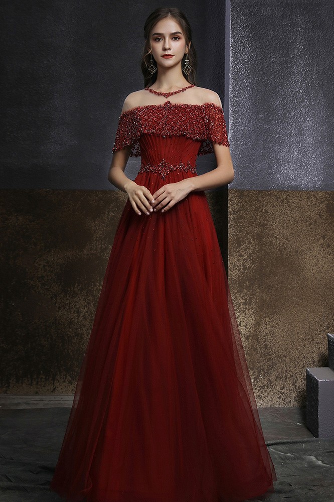 Elegant Burgundy Red Tulle Long Prom Dress Aline With Jeweled Sequins 