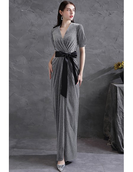 Elegant Grey Split Front Evening Party Dress Vneck with Sash