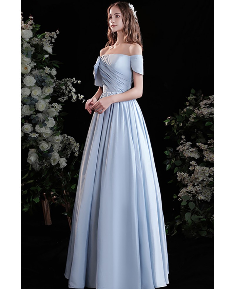 Simple Light Blue Satin Pleated Prom Dress with Off Shoulder Wholesale ...